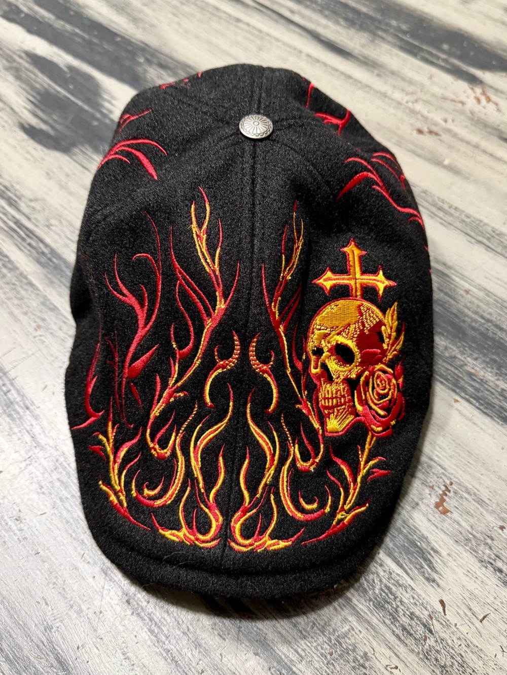 Embroidered Skull & Flames Goth Alt Scally Cap Badass 💀